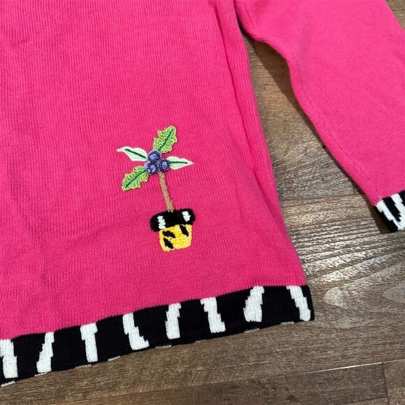 Quacker Factory Pink Cardigan Sweater 3D Embroidered Art to Wear Potted Plants - Picture 6 of 11